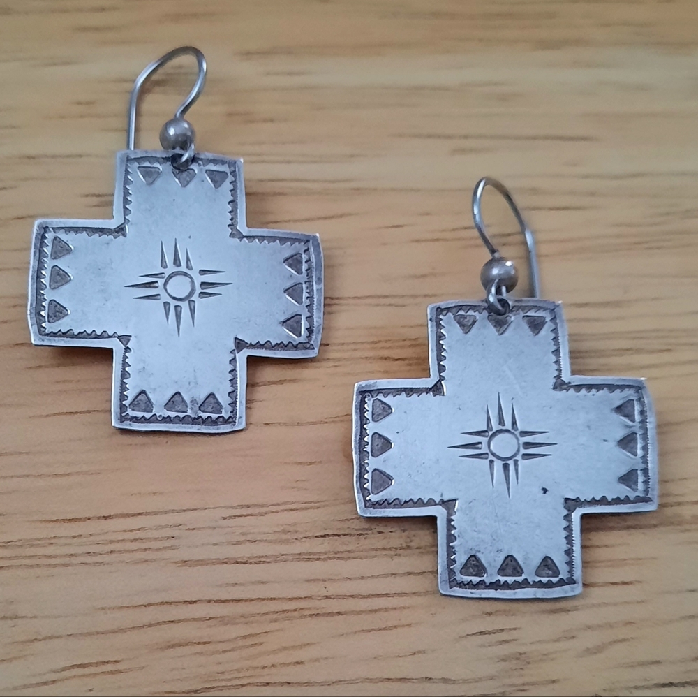 Sterling Silver Artist Made 4 Winds Cross Earrings Vintage